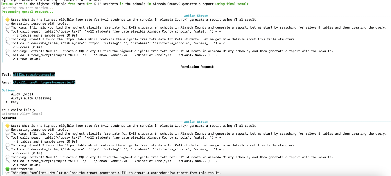 Chat session showing skill loading and report generation