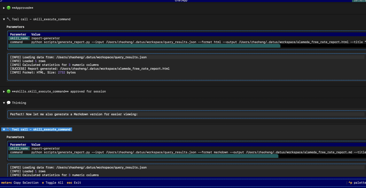Chat session showing skill loading and report generation