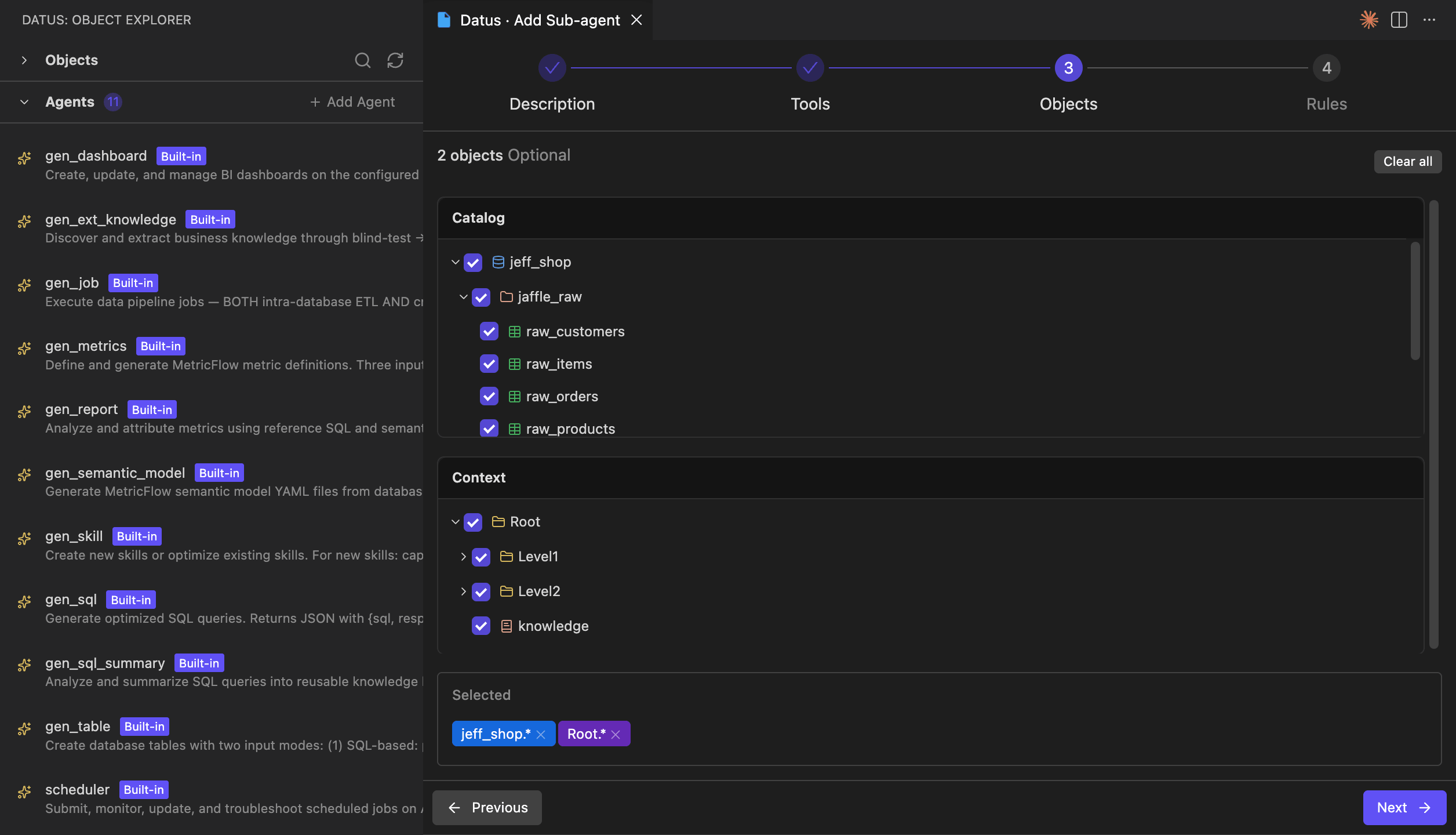 Add SubAgent wizard (Objects step)